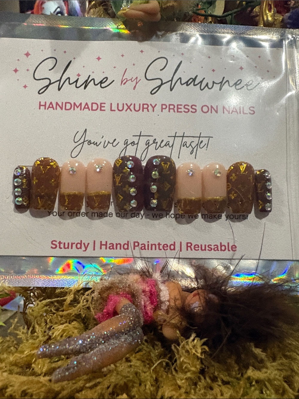Amber Brown & Nude w/ LV overlay w/Rhinestones NAILS - NWT 5/$35